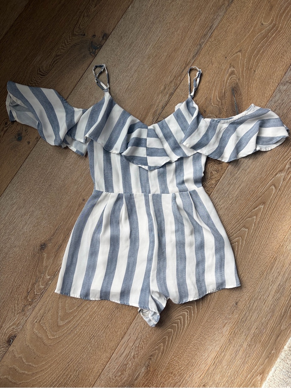 Striped Off-Shoulder One-Piece Romper - Blue & White